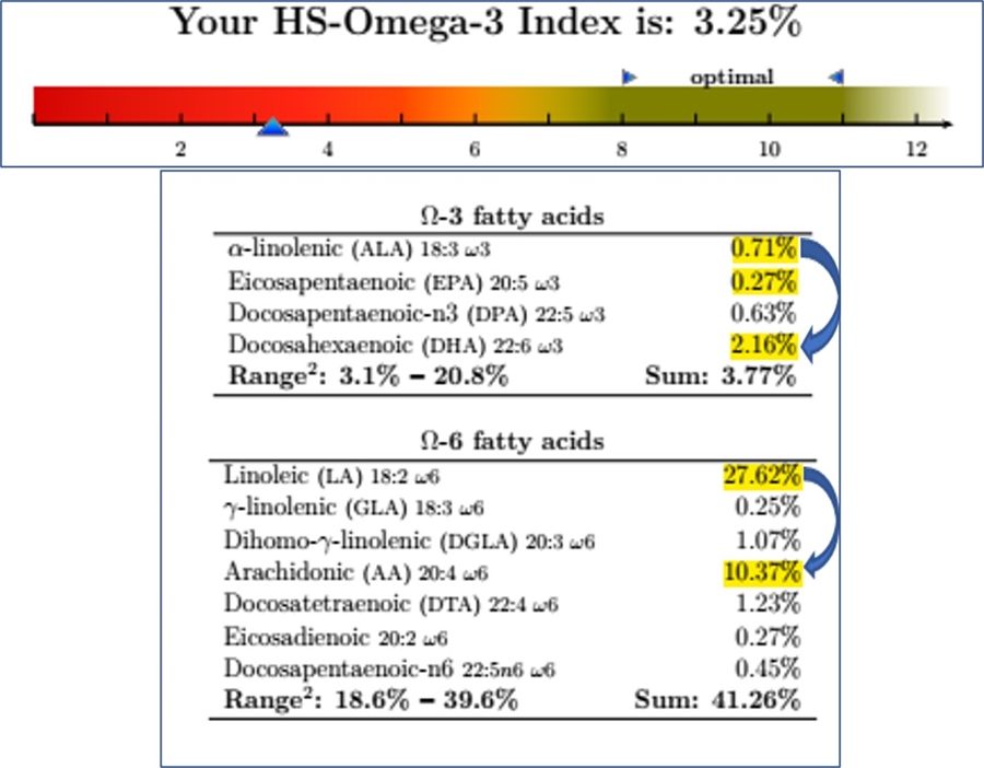 תמונה מס' 4: מדד אינדקס ופירוט חומצות שומן אומגה 3 ו-6  מתוך דוח הבדיקה של ר'