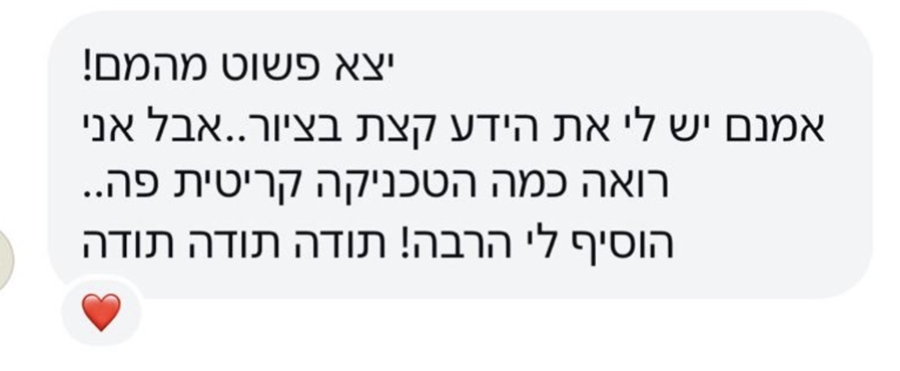 "יצא פשוט מהמם! אמנם יש לי את הידע קצת בציור... אבל אני רואה כמה הטכניקה קריטית פה. הוסיף לי הרבה! תודה תודה תודה" - שלומית ויידה